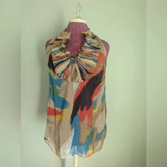 Blue Tassel Tops - Blue Tassel Tan Silk Blouse, US XS